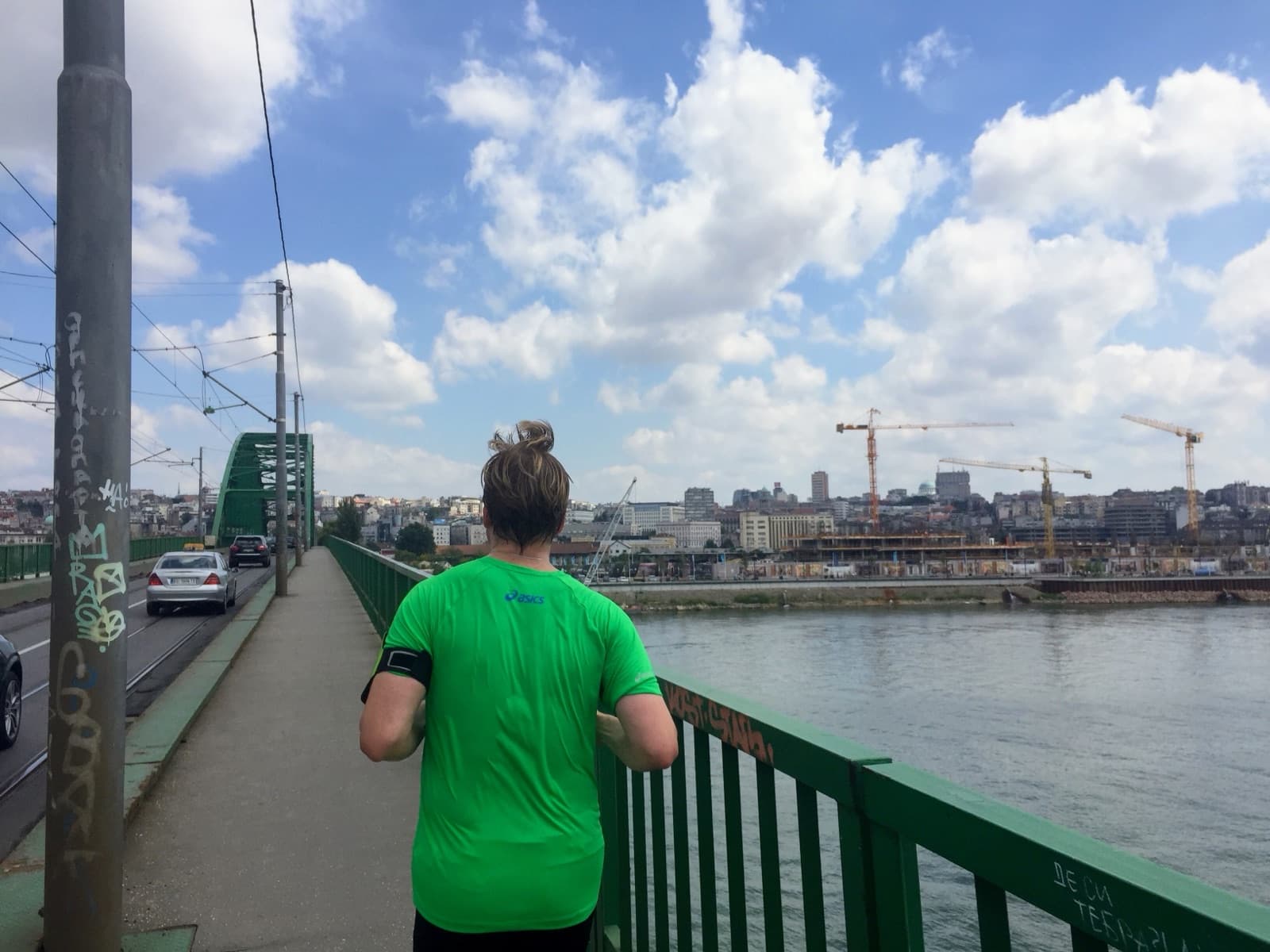 The walkway along the Stari savski most, Old Belgrade in the background